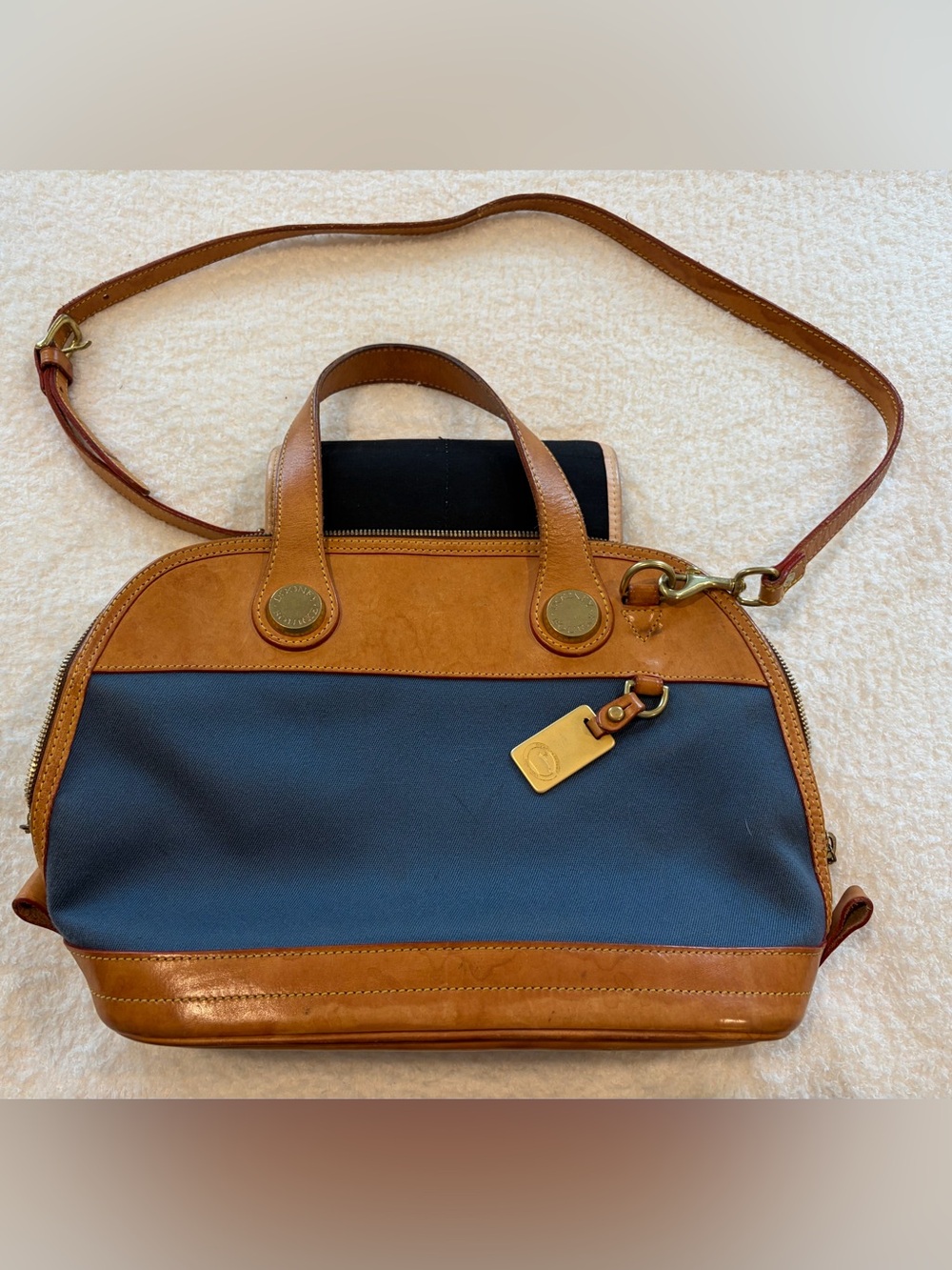 Dooney & Bourke Vintage Navy Canvas Tote with Tan Leather Trim